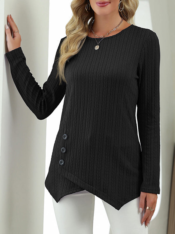 Long Sleeves Loose Asymmetric Buttoned Round-Neck T-Shirts Tops