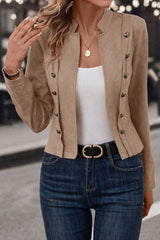 Stand Collar Open Front Button Decor Jacket