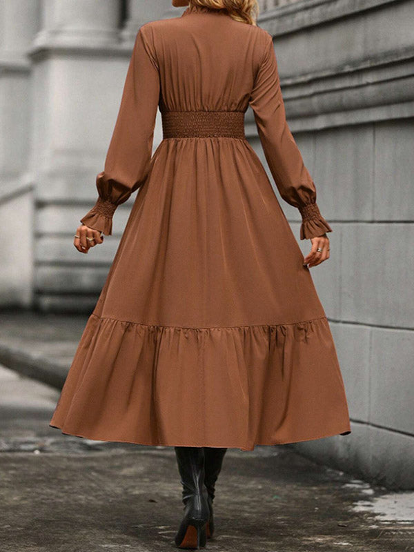 A-Line Flared Sleeves Elasticity Pleated Solid Color V-Neck Midi Dresses