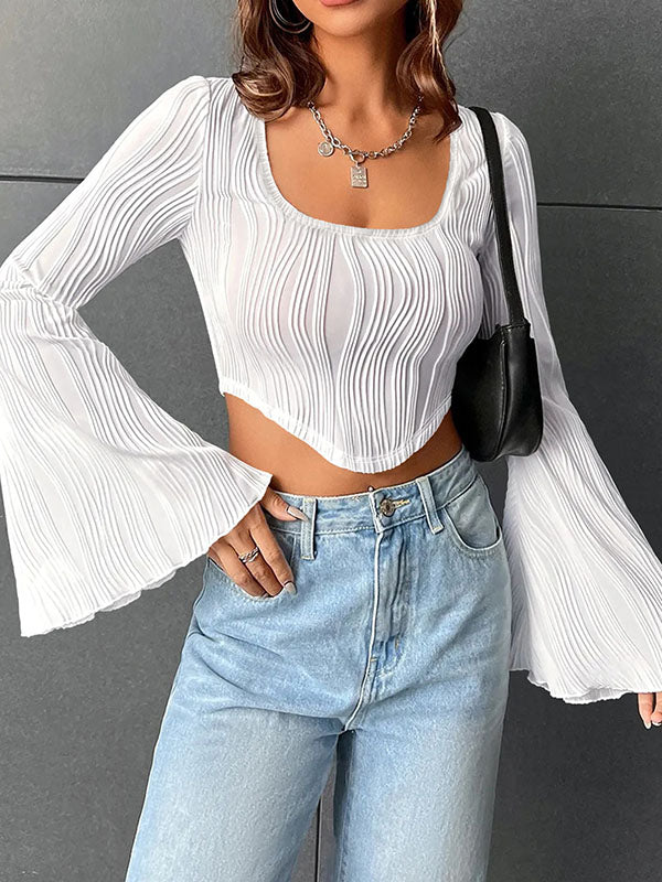 Flared Sleeves Long Sleeves Solid Color Split-Joint U-Neck T-Shirts Tops