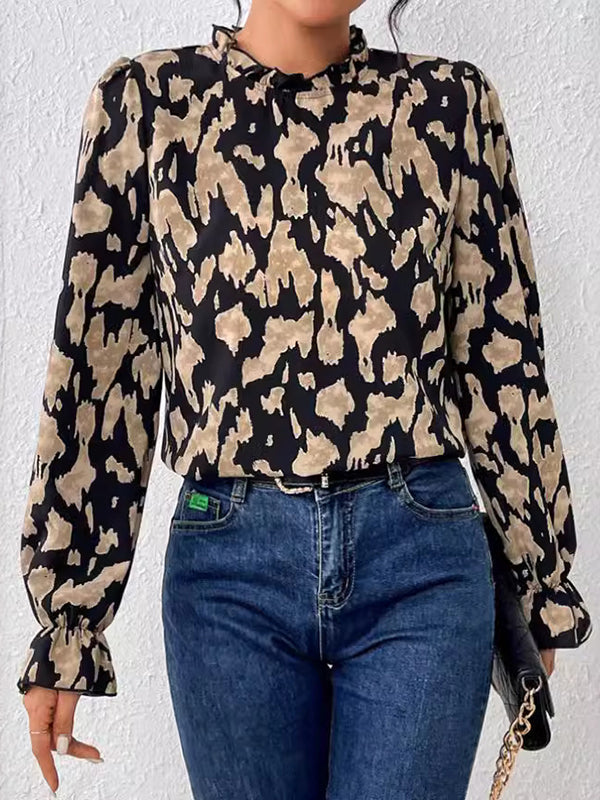 Flared Sleeves Long Sleeves Elasticity Hollow Leopard Mock Neck Blouses&Shirts Tops