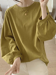 Long Sleeves Loose Pleated Solid Color Round-Neck T-Shirts Tops