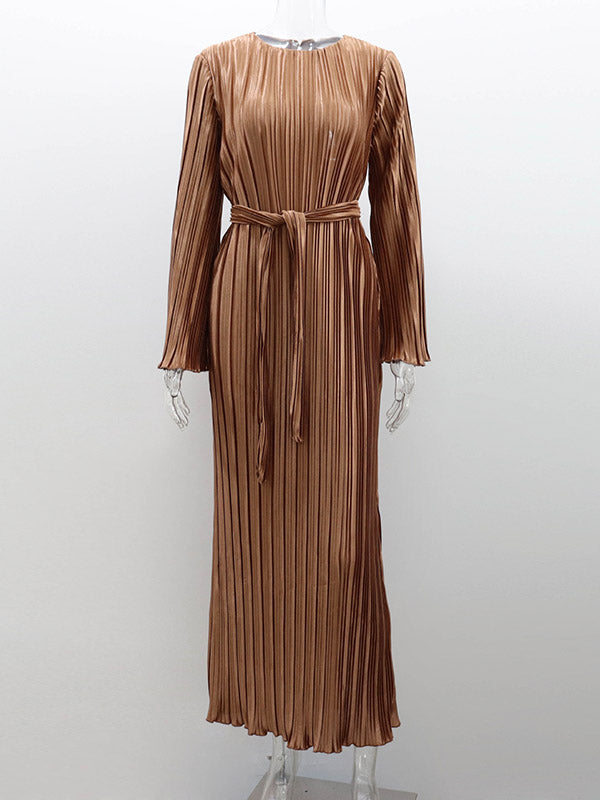 Flared Sleeves Long Sleeves Pleated Solid Color Round-Neck Maxi Dresses