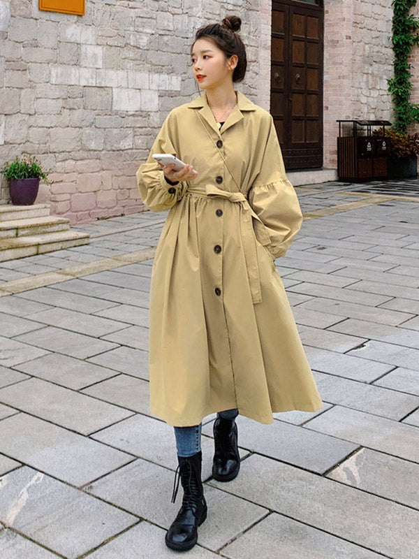 Casual Lose Tied Buttoned High-Waist Notched Collar Long Bishop Sleeves Trench Coat