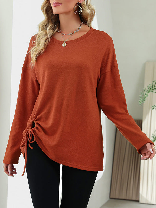 Long Sleeves Loose Asymmetric Drawstring Hollow Solid Color Round-Neck T-Shirts Tops