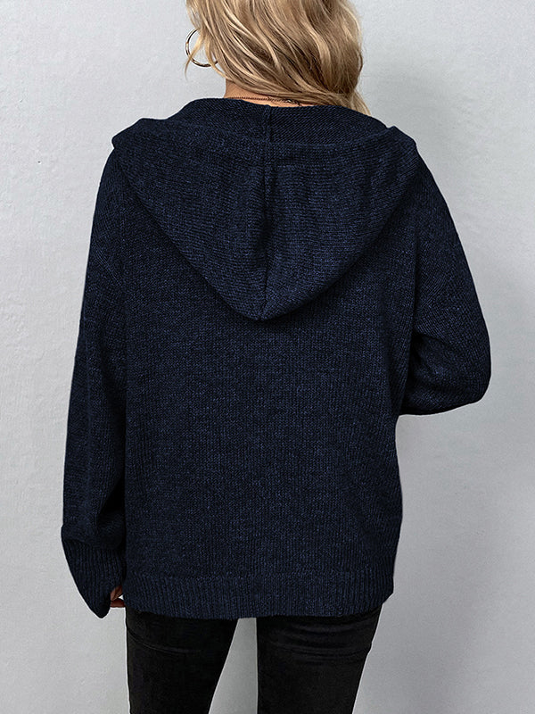 Wrap Buttoned Hooded Solid Color Cardigan