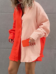 Loose Long Sleeves Contrast Color Split-Joint Lapel Blouse + Solid Color Shorts Two Pieces Set