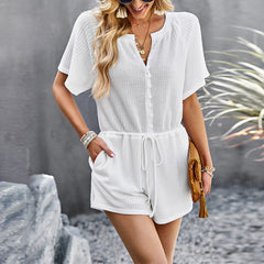 V-Neck Knitted Solid Color Jumpsuit Shorts