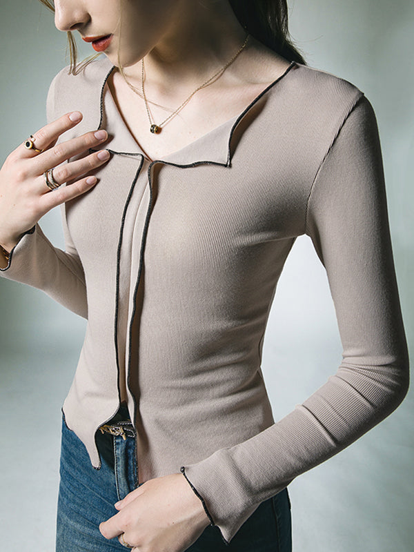 Long Sleeves Skinny Split-Front Lapel T-Shirts Tops