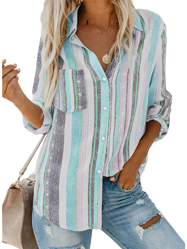 High-Low Long Sleeves Buttoned Pockets Striped Lapel Blouses&Shirts Tops