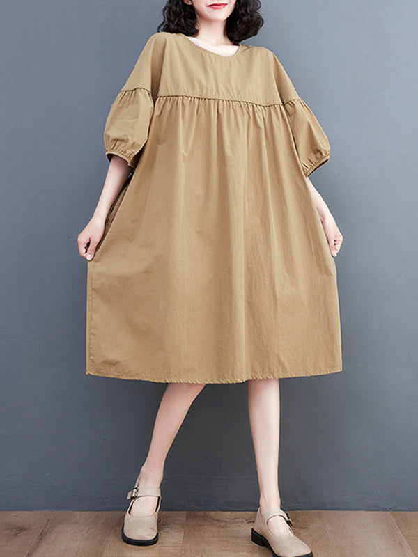 Loose Short Sleeves Solid Color Round-Neck Midi Dresses