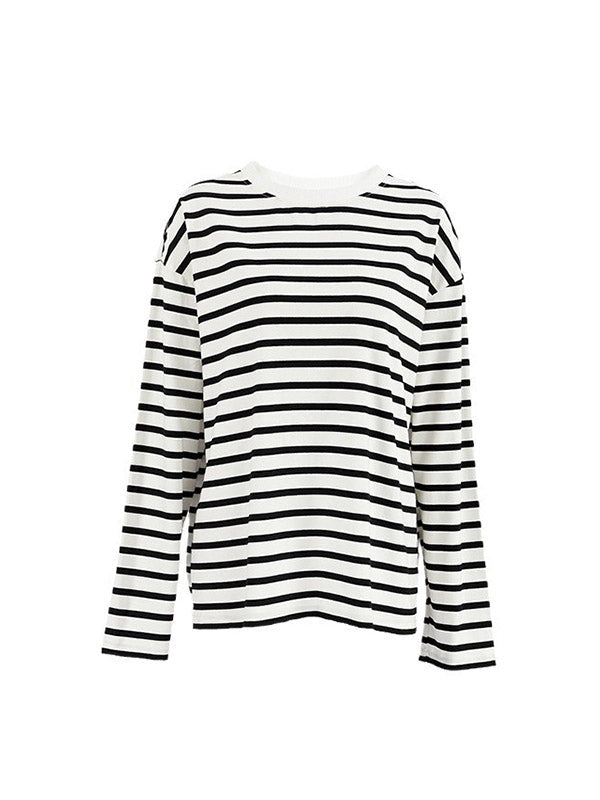 Long Sleeves Loose Contrast Color Striped Round-Neck T-Shirts Tops