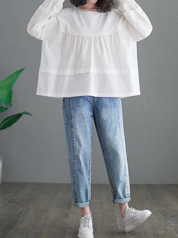 A-Line Long Sleeves Pleated Split-Joint Round-Neck T-Shirts Tops