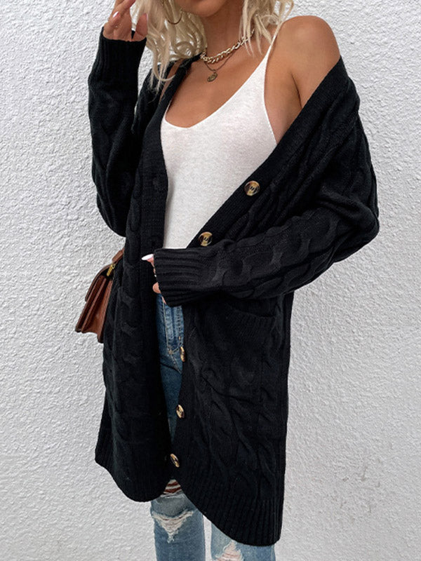 Urban Simple Loose Buttoned Solid Color Jacquard Cardigan Coat