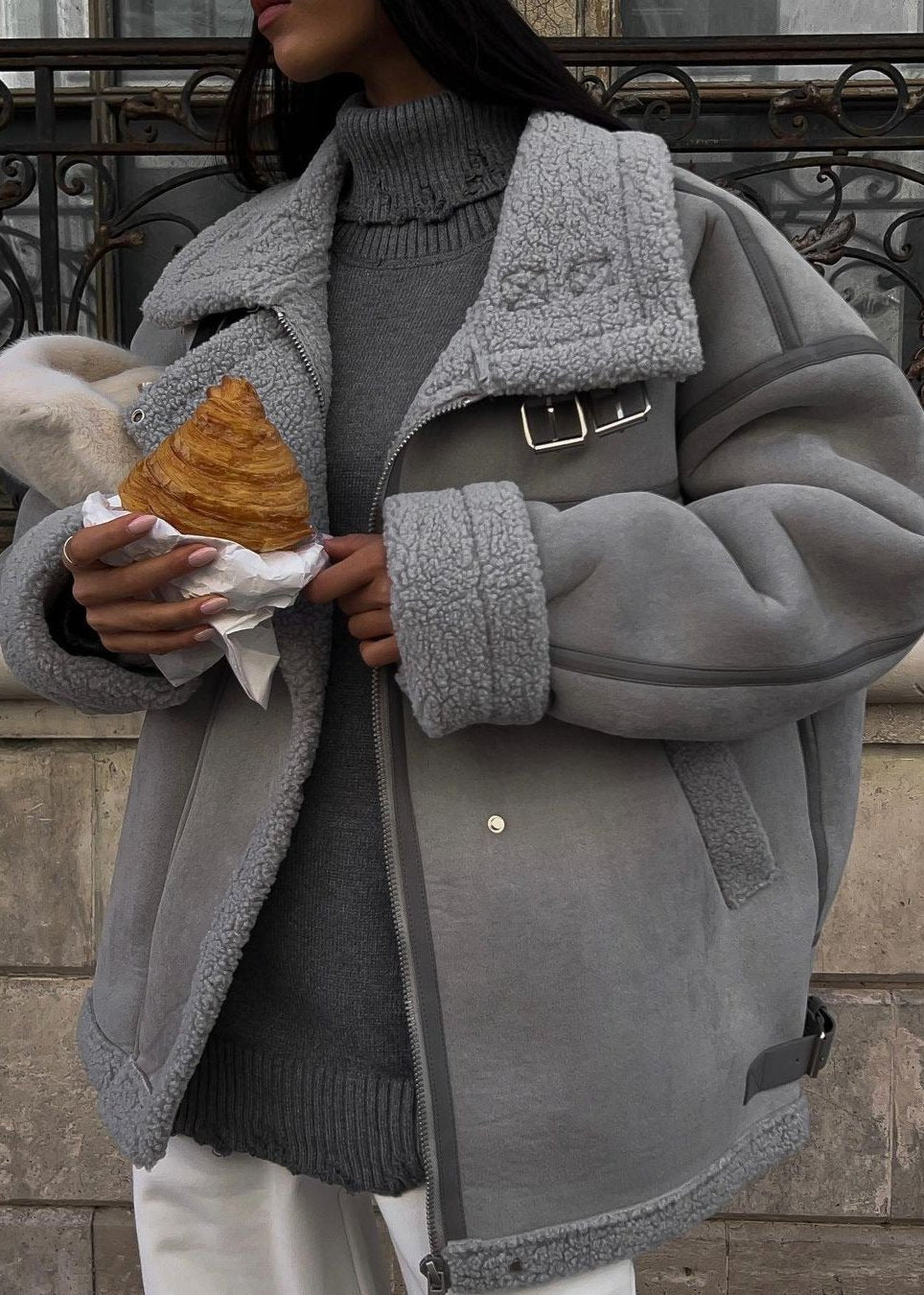 Street-Chic Shearling Aviator Jacket