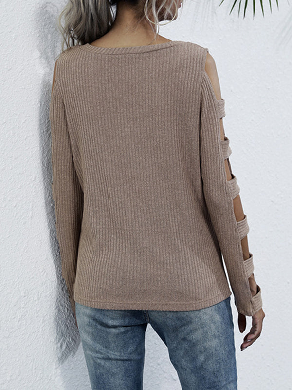 Long Sleeves Loose Hollow Solid Color Round-Neck T-Shirts Tops