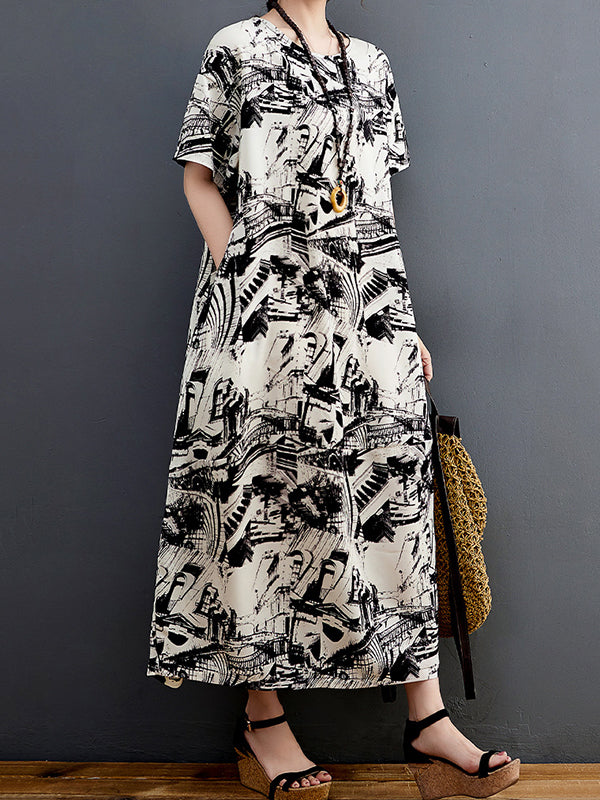 Half Sleeves Loose Abstract Printed Round-Neck Midi Dresses