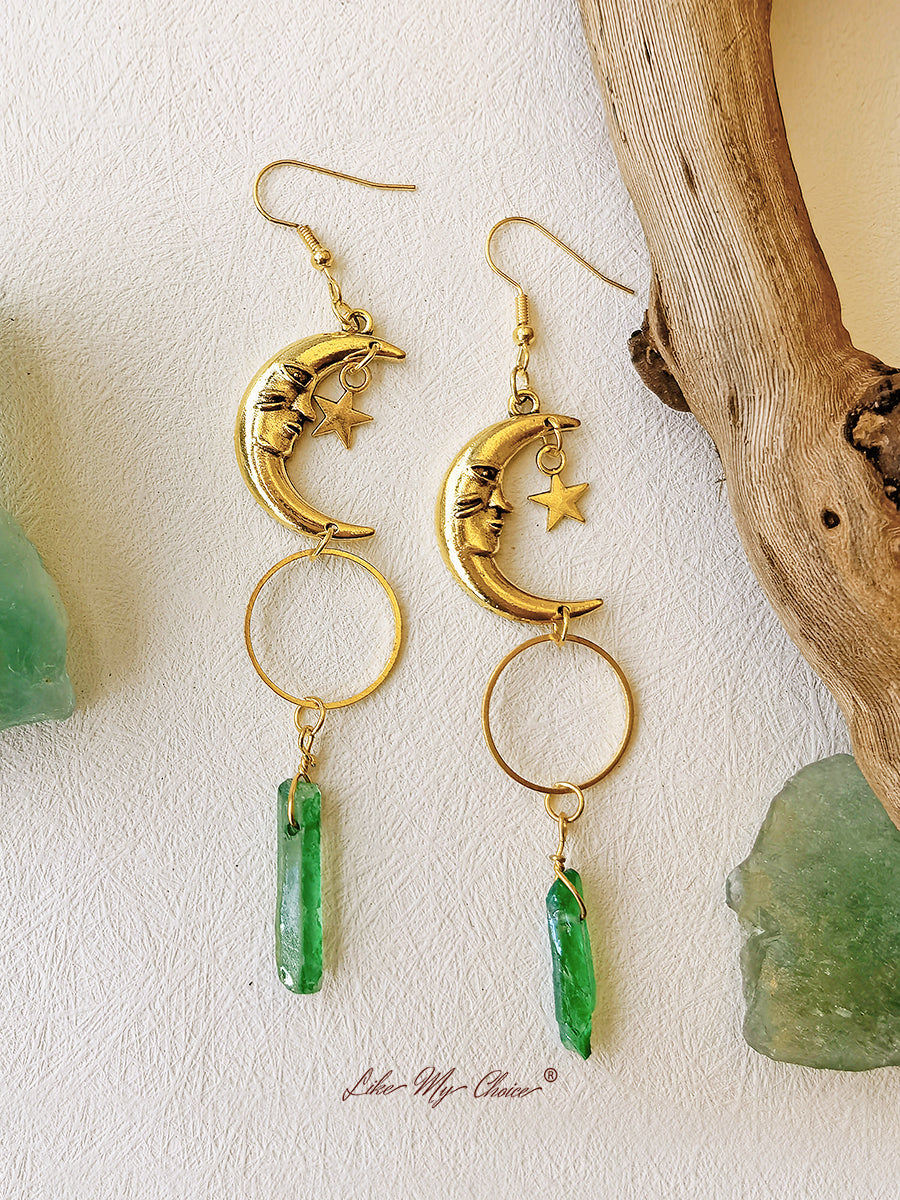 Boho Crescent Green Crystal Earrings