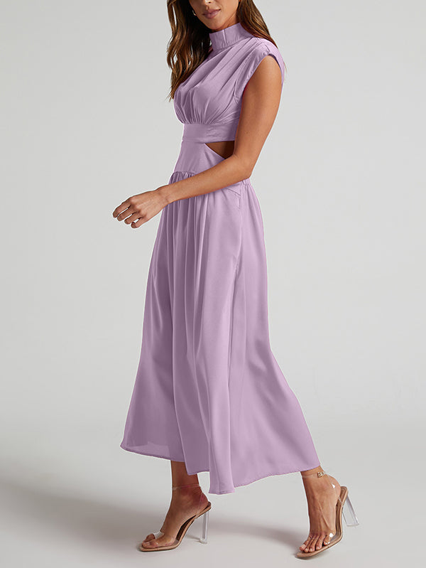 Cap Sleeve Belly-Hollow Pleated Solid Color Stand Collar Maxi Dresses