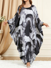 Batwing Sleeves Long Sleeves Contrast Color Printed Round-Neck Maxi Dresses