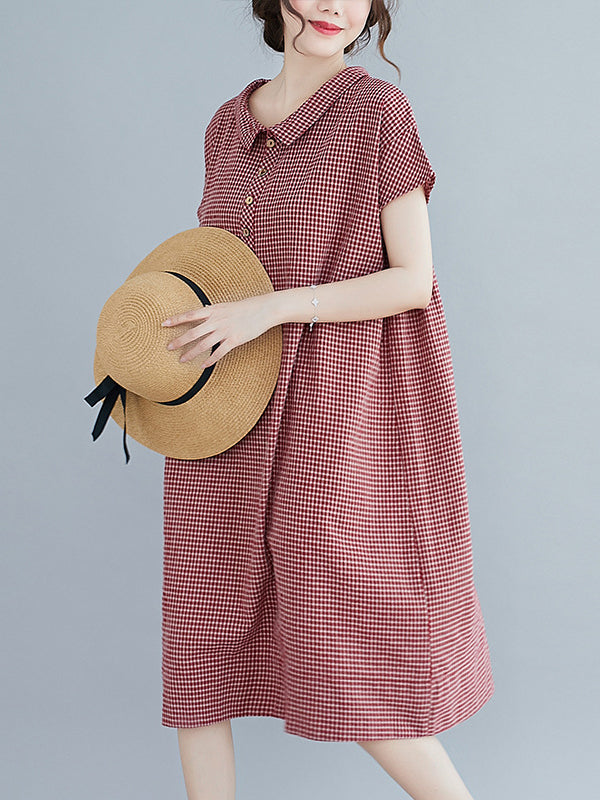 Artistic Retro Loose Plaid Buttoned Lapel Collar Midi Dress