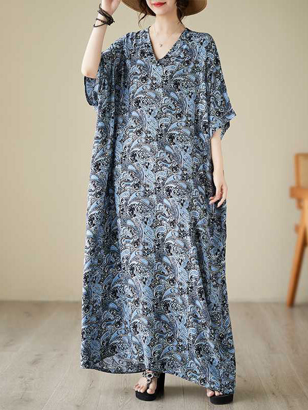 Batwing Sleeves Loose Printed V-Neck Maxi Dresses