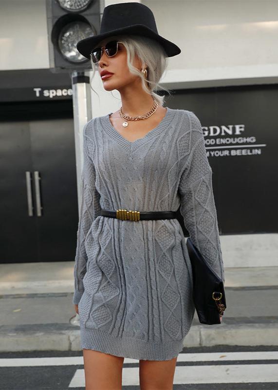 Cozy Grey Cable Knit V-Neck Sweater Dress