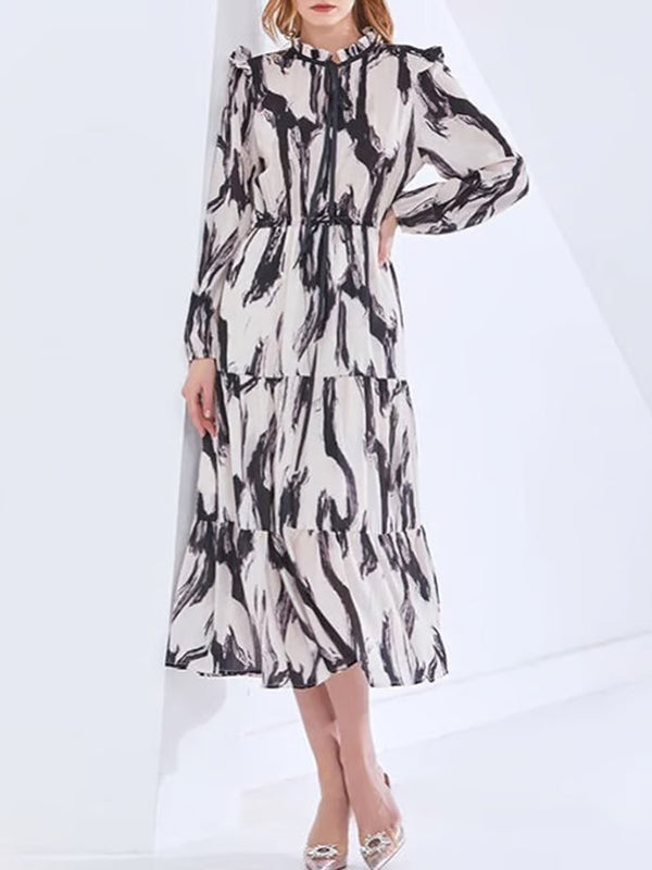 Long Sleeves Loose Elasticity Hollow Printed Split-Joint Tied Mock Neck Midi Dresses