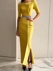 Bodycon Half Sleeves No Belt Solid Color Split-Joint Split-Side Square-Neck Maxi Dresses