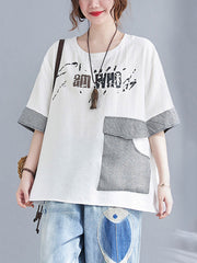 Original Letter Print Split-Joint Round-Neck T-Shirts Tops