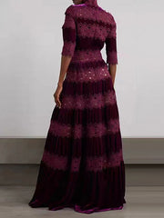 Half Sleeves High Waisted Embroidered Hollow Solid Color Split-Joint High Neck Maxi Dresses