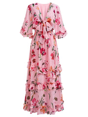 Summer Sweet Holiday Floral Tie Front V Neck Midi Dress