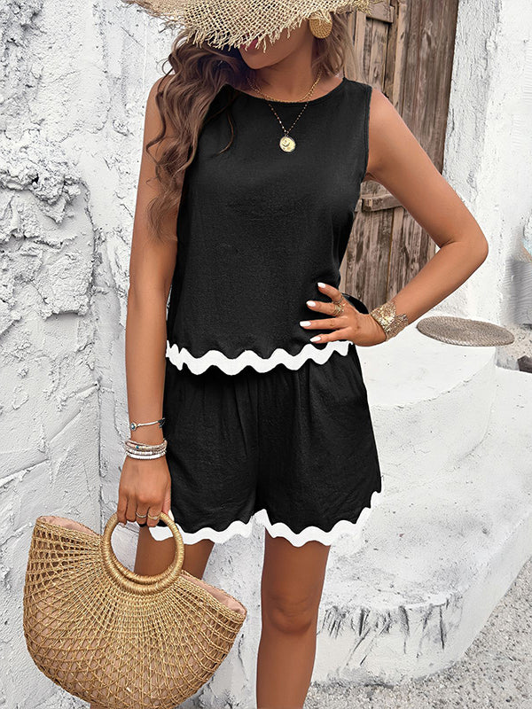 Loose Sleeveless Split-Joint Round-Neck Vest + Wide Leg Shorts Two Pieces Set