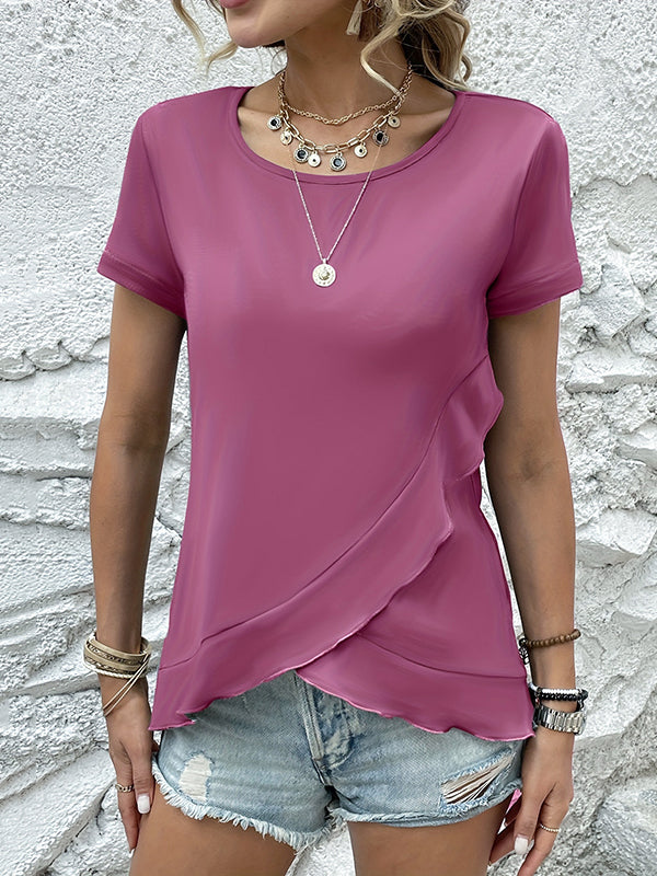 Loose Short Sleeves Asymmetric Ruffled Solid Color Split-Joint Round-Neck T-Shirts Tops