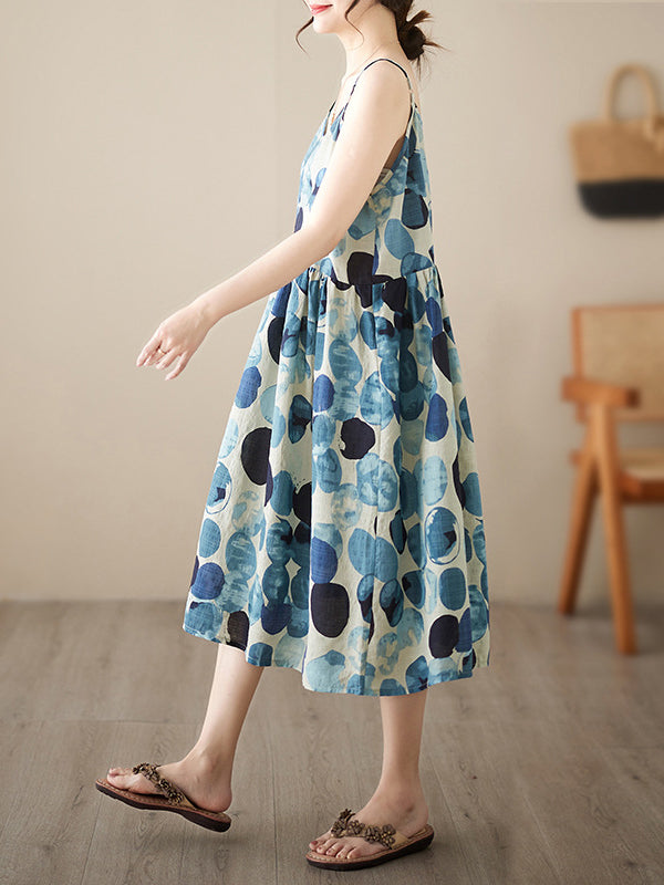 Loose Sleeveless Pleated Printed Split-Joint Spaghetti-Neck Midi Dresses