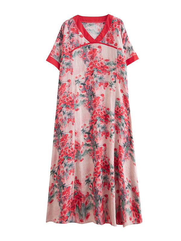 Loose Artistic Retro Floral Printed Split-Joint V-Neck Midi Dress