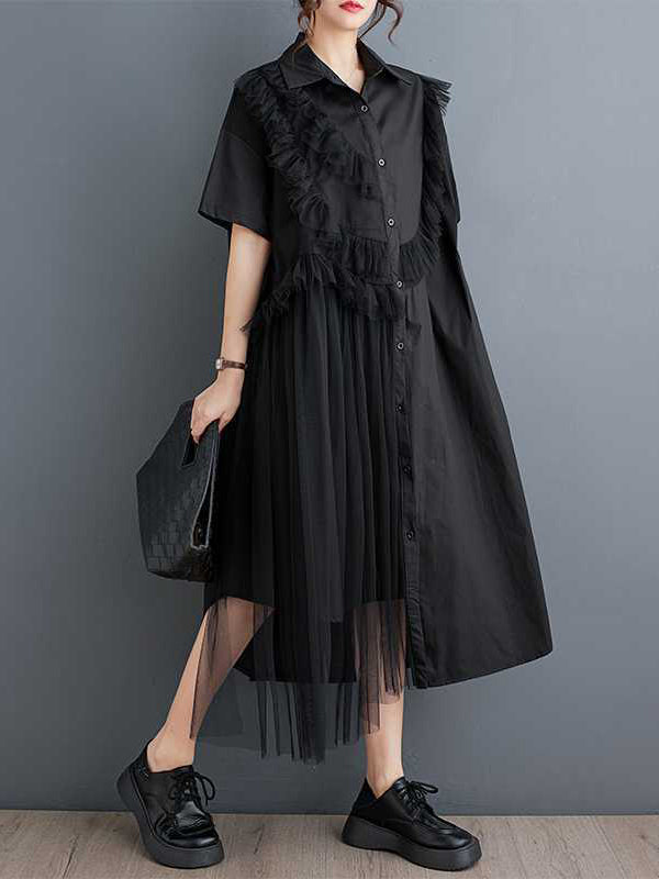 A-Line Half Sleeves Asymmetric Buttoned Ruffled Solid Color Split-Joint Lapel Midi Dresses Shirt Dress