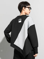 Stylish Black&Gray Asymmetric Contrast Color Long Sleeves Round-Neck T-Shirt