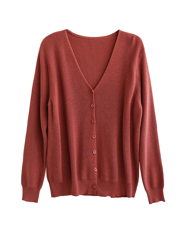 Long Sleeves Loose Solid Color V-Neck Cardigan Tops