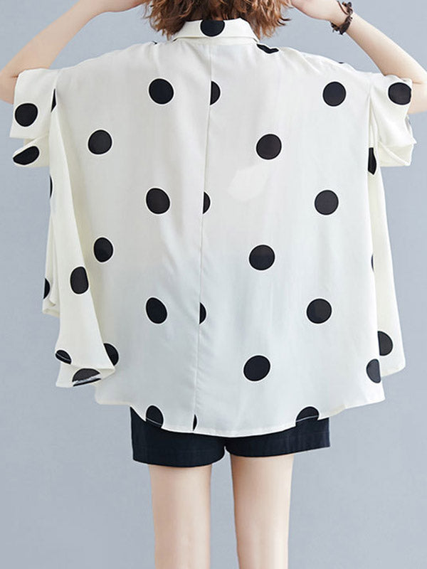 Batwing Sleeves Half Sleeves Buttoned Polka-Dot Lapel Blouses&Shirts Tops