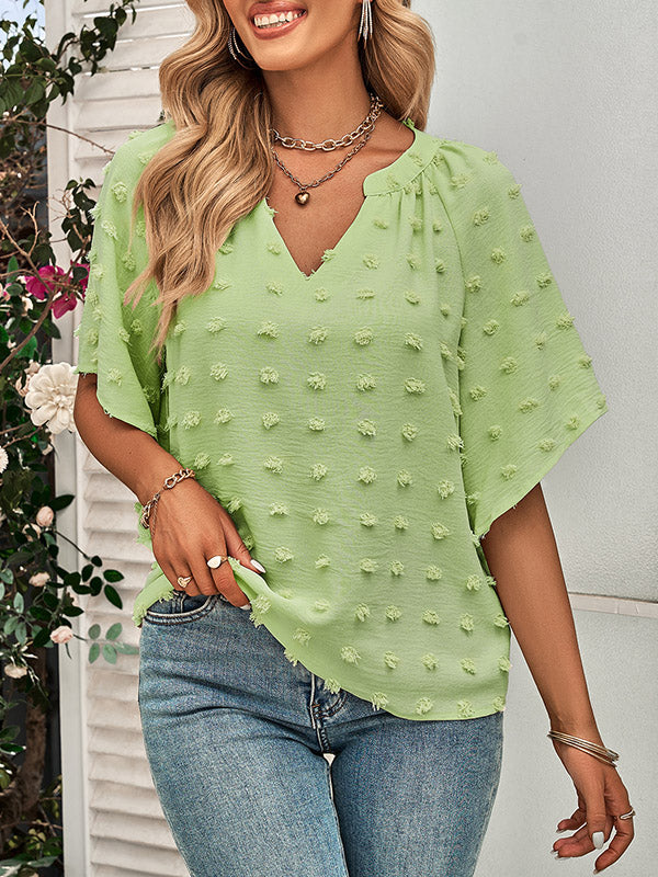 Half Sleeves Loose Jacquard Solid Color V-Neck T-Shirts Tops