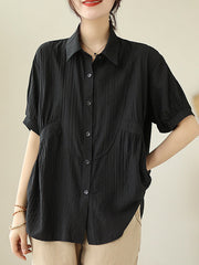 Half Sleeves Loose Pleated Solid Color Split-Joint Lapel Blouses&Shirts Tops