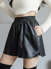 PU Wide Leg Elasticity Solid Color Split-Joint Split-Side Shorts