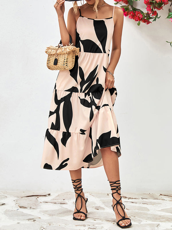 Loose Sleeveless Contrast Color Floral Printed Spaghetti-Neck Midi Dresses