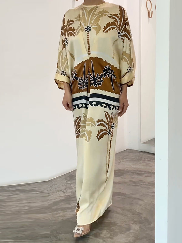 H-Line Loose Leaves Print Round-Neck Maxi Dresses