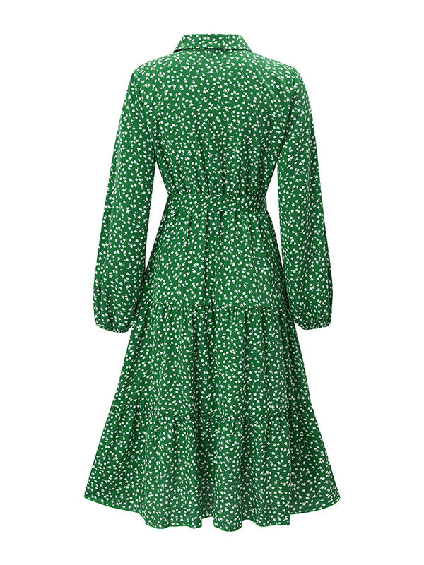 A-Line Long Sleeves Buttoned Flower Print Pleated Split-Joint Tied Waist Lapel Midi Dresses