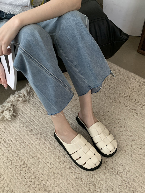 Hollow Round-Toe Split-Joint Woven Sandals Slippers&Mules