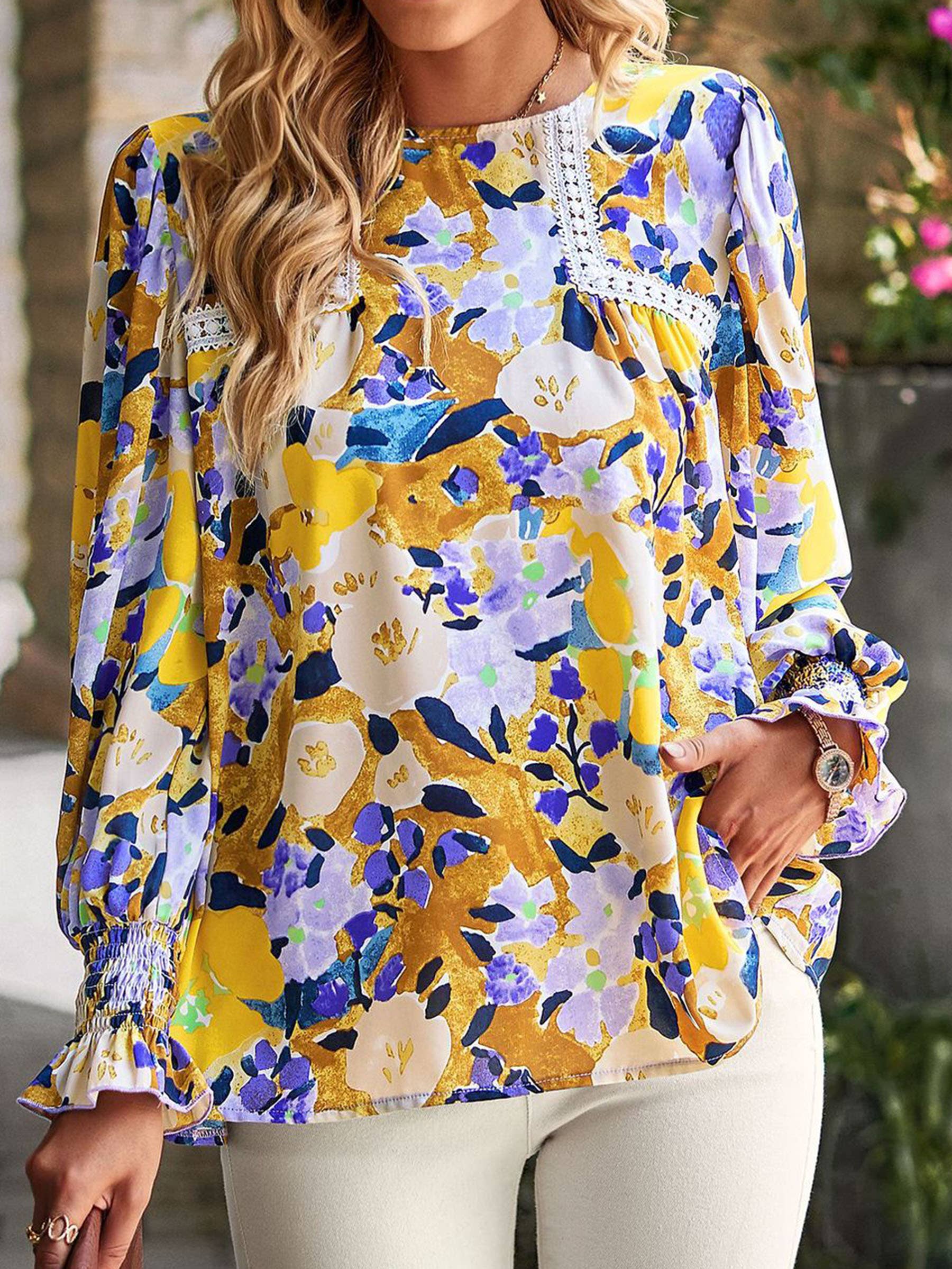 Women's Floral Print Flounce Long Sleeve Blouses