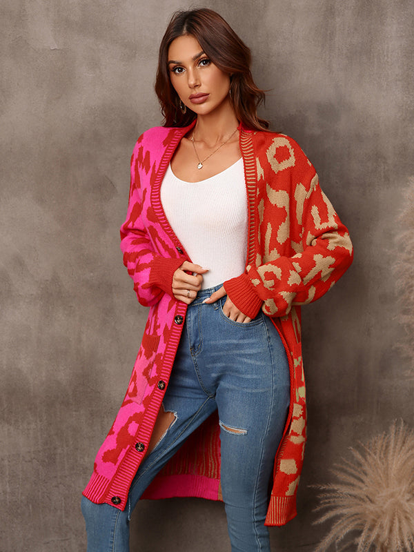 Urban Loose Long Sleeves Printed Leopard V-Neck Cardigan Tops