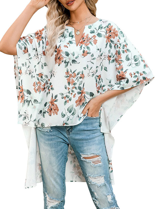 Batwing Sleeves High-low Contrast Color Flower Print Leaves Print Solid Color T-Shirts Tops